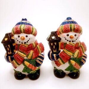 Snowman Salt Pepper Shakers Lanterns Winter Holiday Decoration Ceramic 3.5" Tall